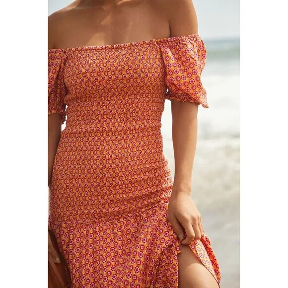 L*SPACE Simone Floral Square‎ Neck Short Sleeve Smocked High Low Maxi Dress - Picture 7 of 16